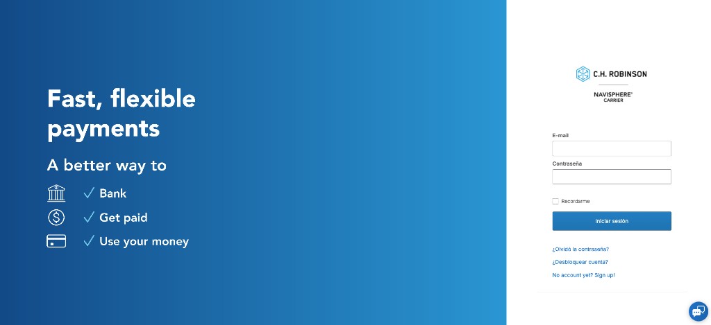 Navisphere Carrier web login with payments value proposition