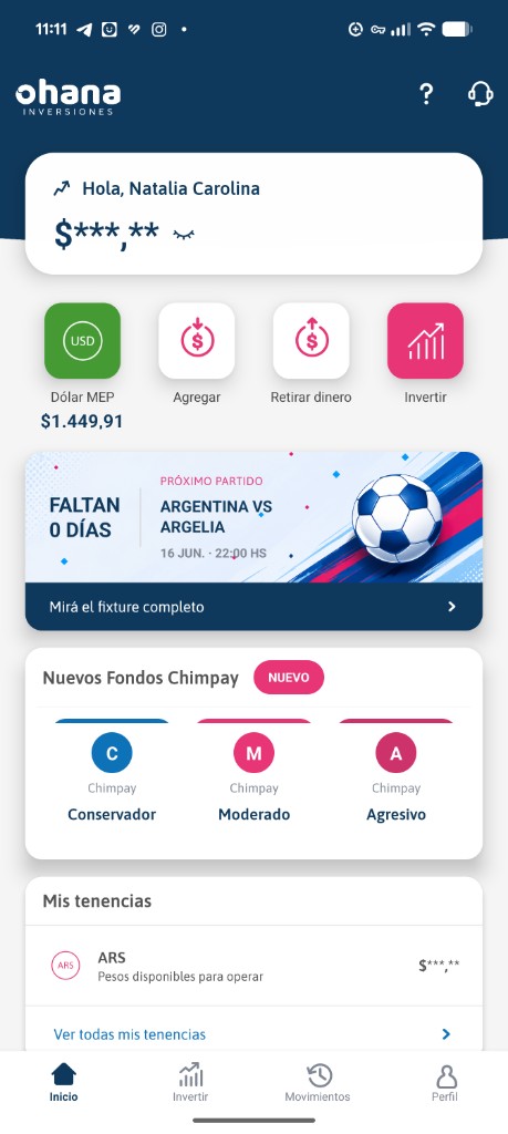 Ohana Inversiones home screen with balance, quick actions, and investment funds