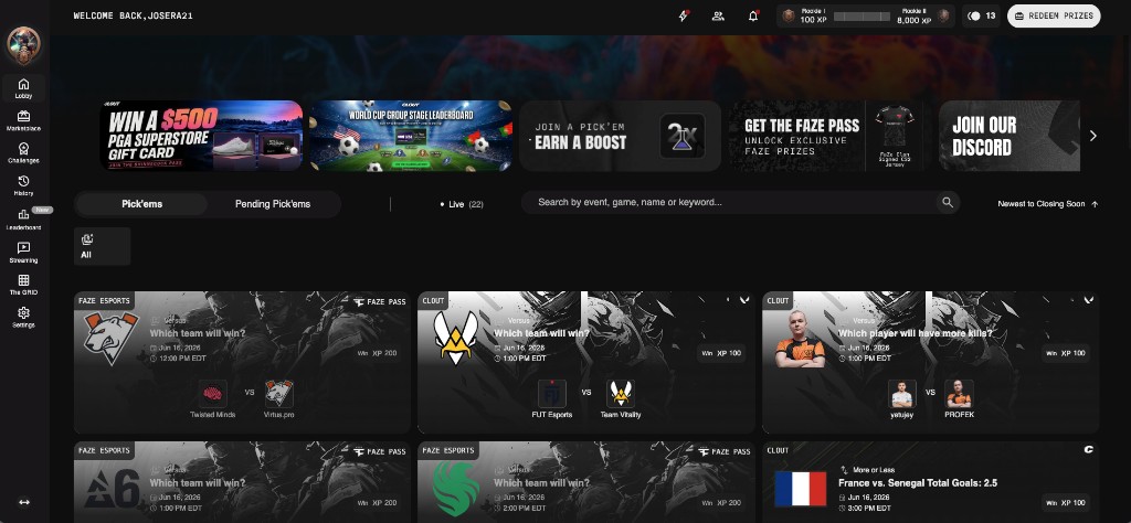 Play Clout web lobby with live pick'ems and promotional banners